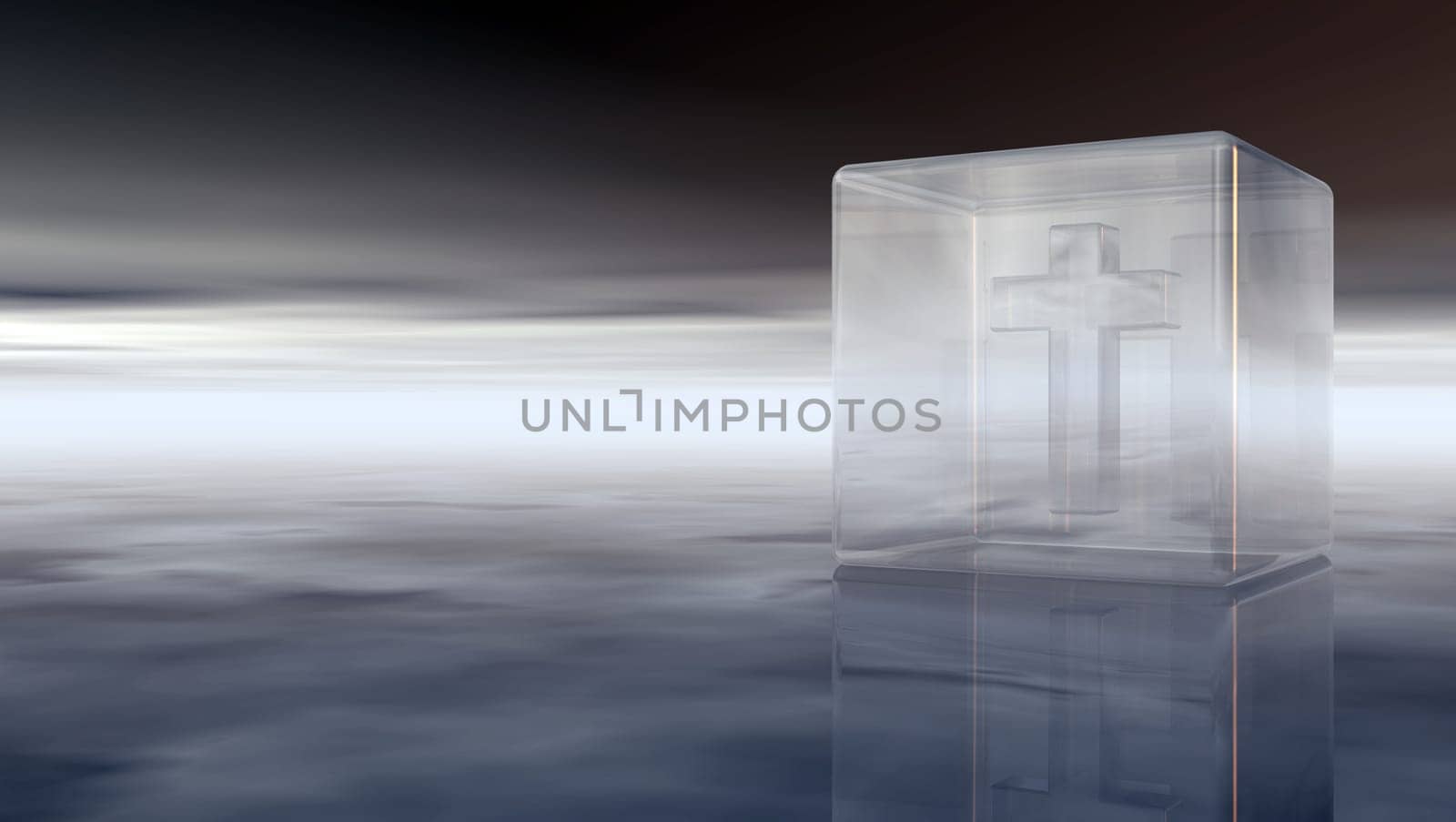 Christian cross in glass cube under dark sky - 3d illustration