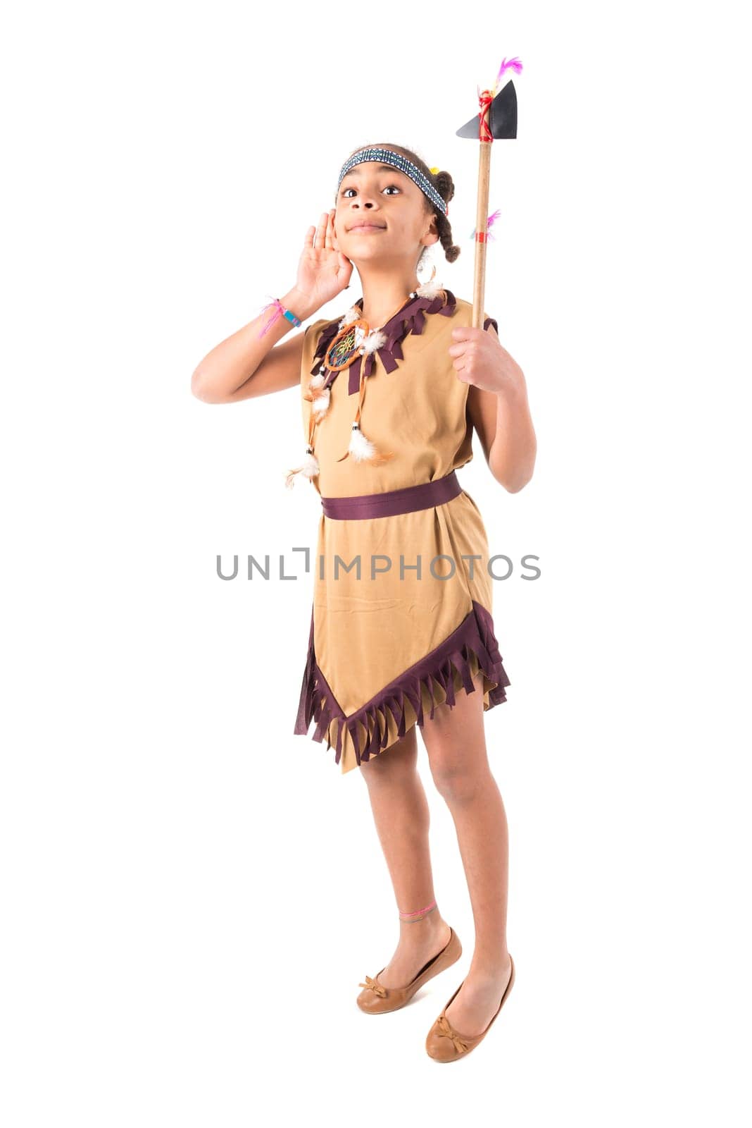 Young girl in native american costume isolated in white