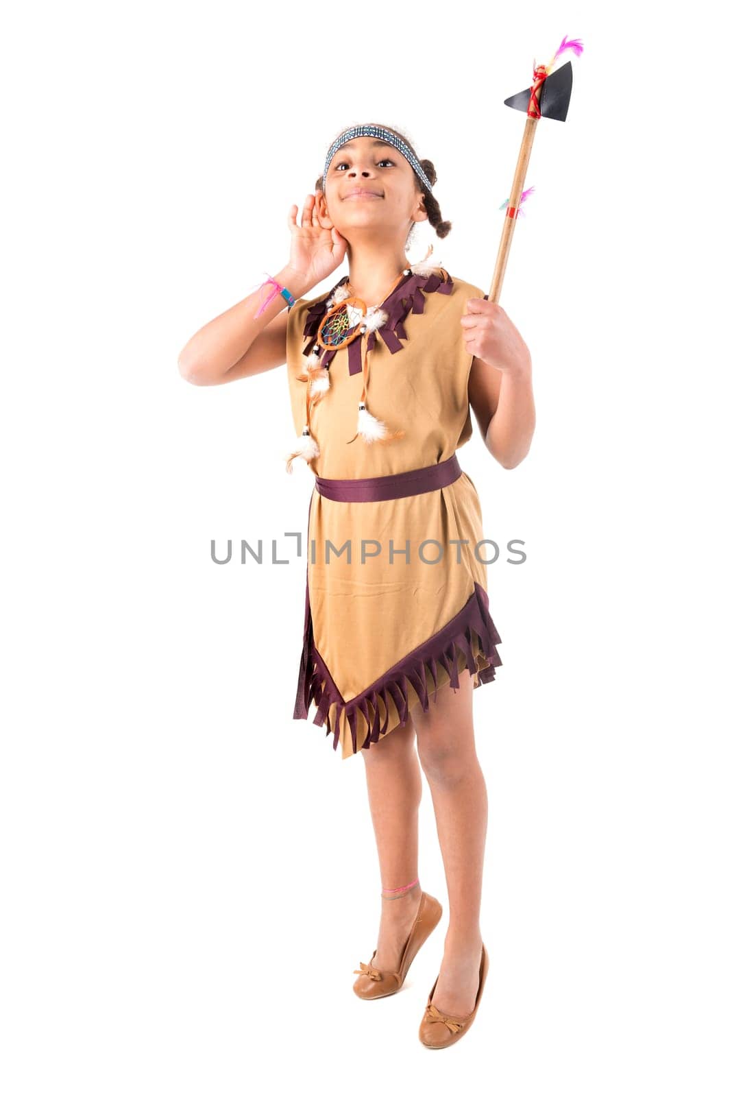 Young girl in native american costume isolated in white