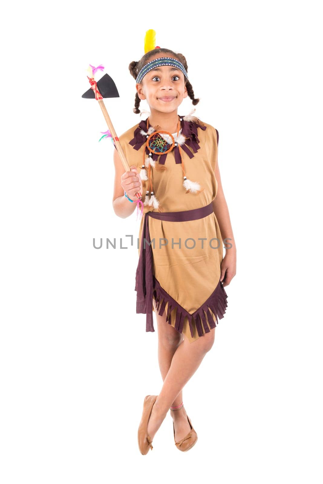 Young girl in native american costume isolated in white