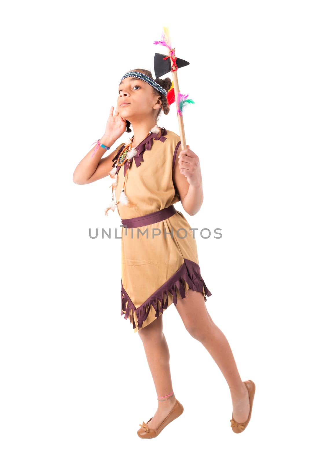 Young girl in native american costume isolated in white
