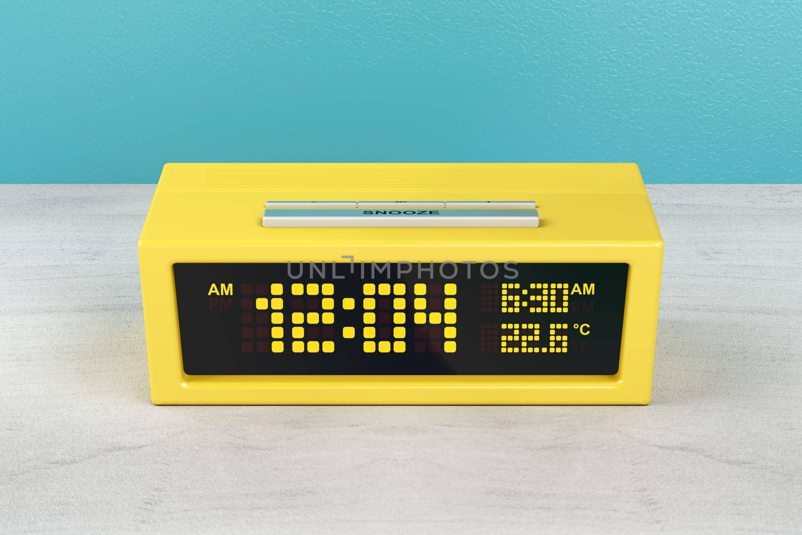 Yellow digital alarm clock on wood nightstand