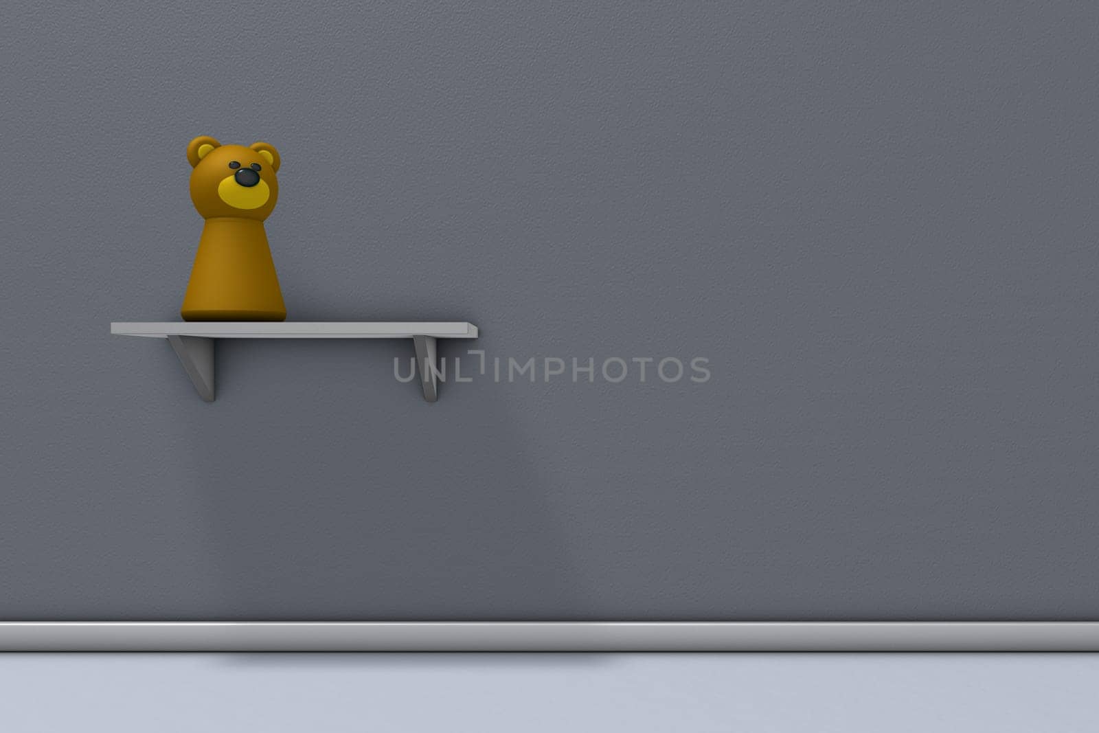 brown bear figure on a shelf on grey wall - 3d rendering
