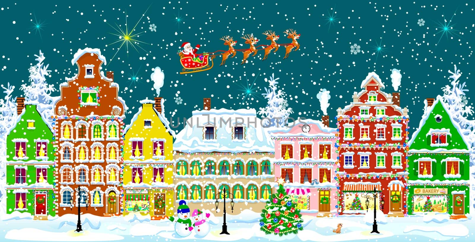 City street in the winter night. Christmas Eve. Winter holiday. Houses in winter night. Snow on a city street. Decoration houses on winter holidays.