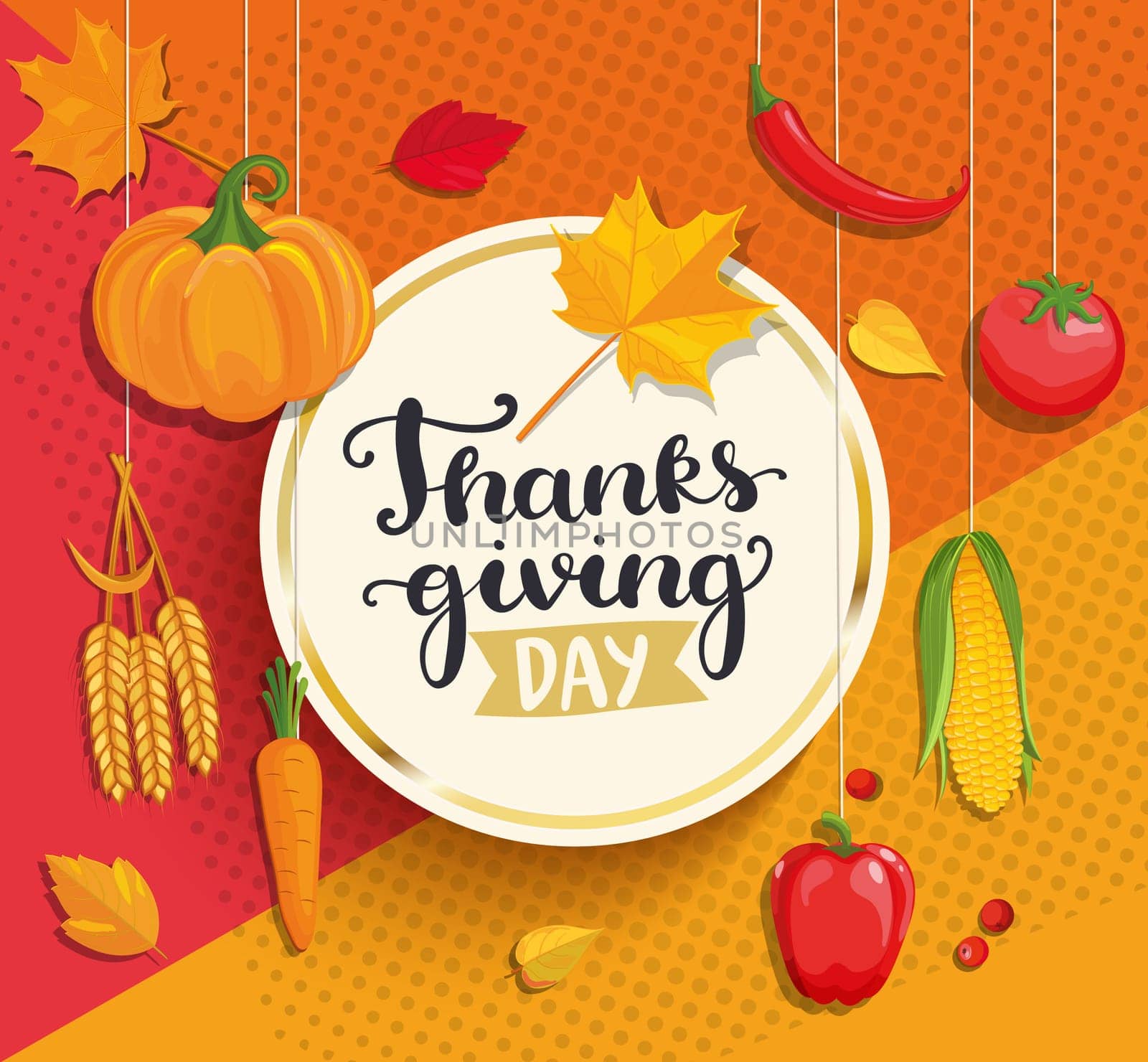 Thanksgiving day lettering in gold circle frame on geometric background with fresh vegetables - pumpkin, carrots, peppers, tomatoes, corn. Vector illustration.