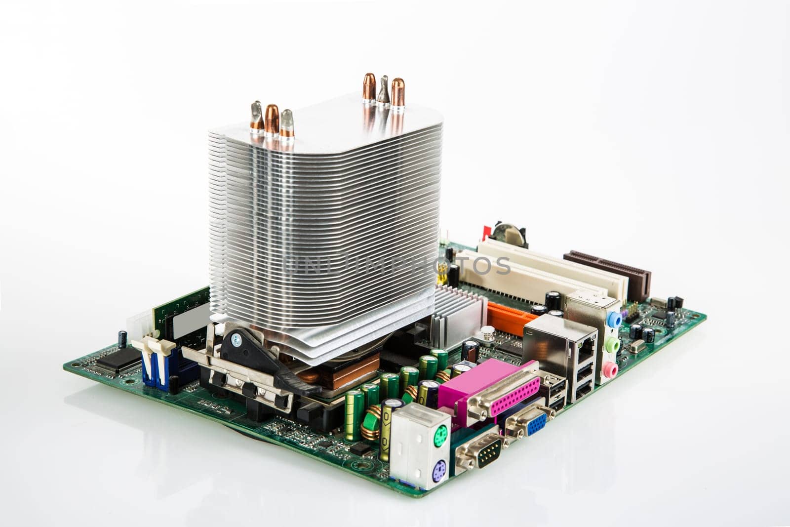 Mother board with fan on light background