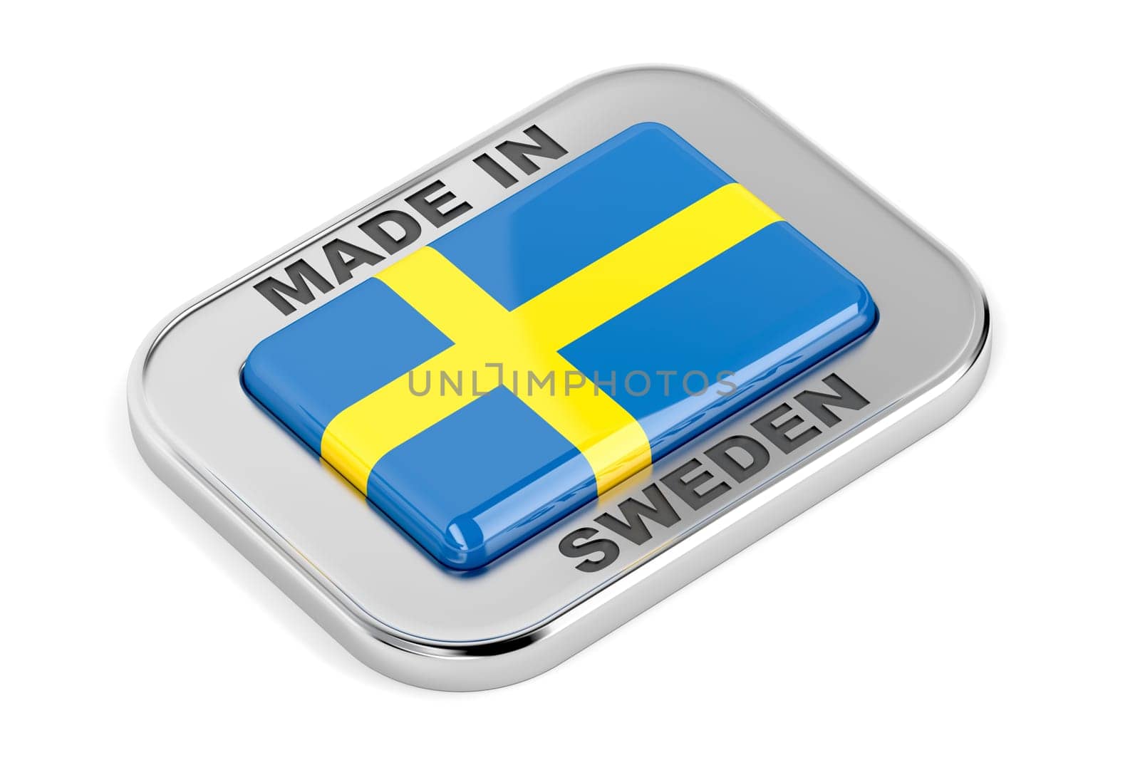 Made in Sweden, shiny silver badge on white background