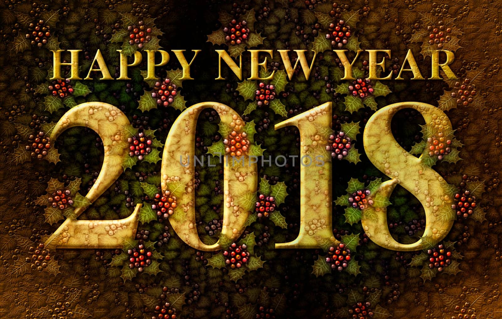 3D illustration of the words Happy New Year 2018 integrated with a background of Holly plants.