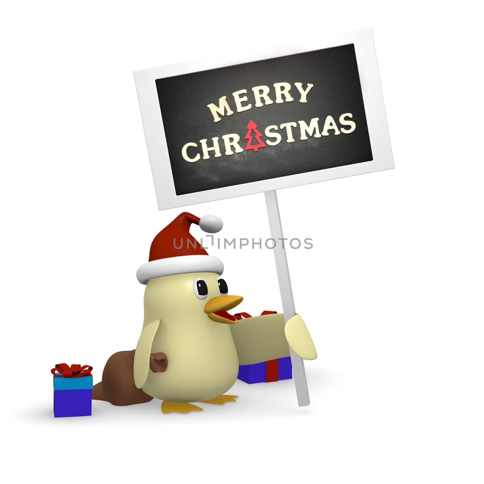 Funny bird with hat of Santa holding a blackboard with the words Merry Christmas