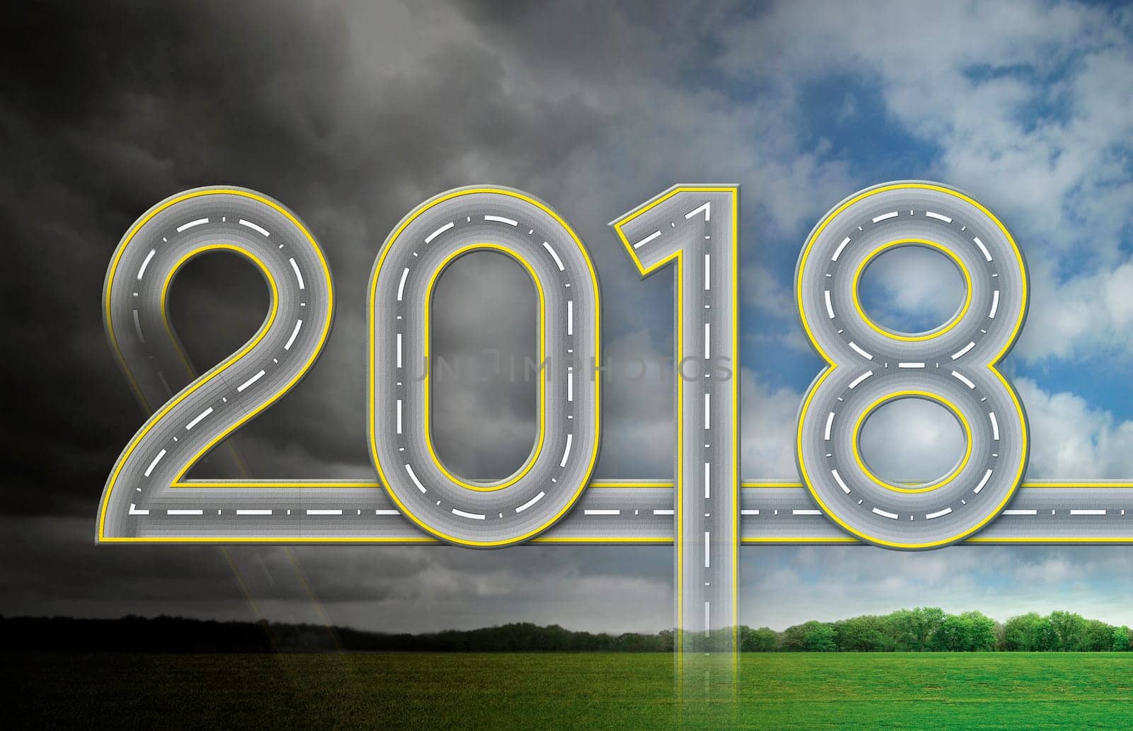 3D Illustration of the year 2018 made from roads with the background transitioning from dark and stormy to sunny and green..