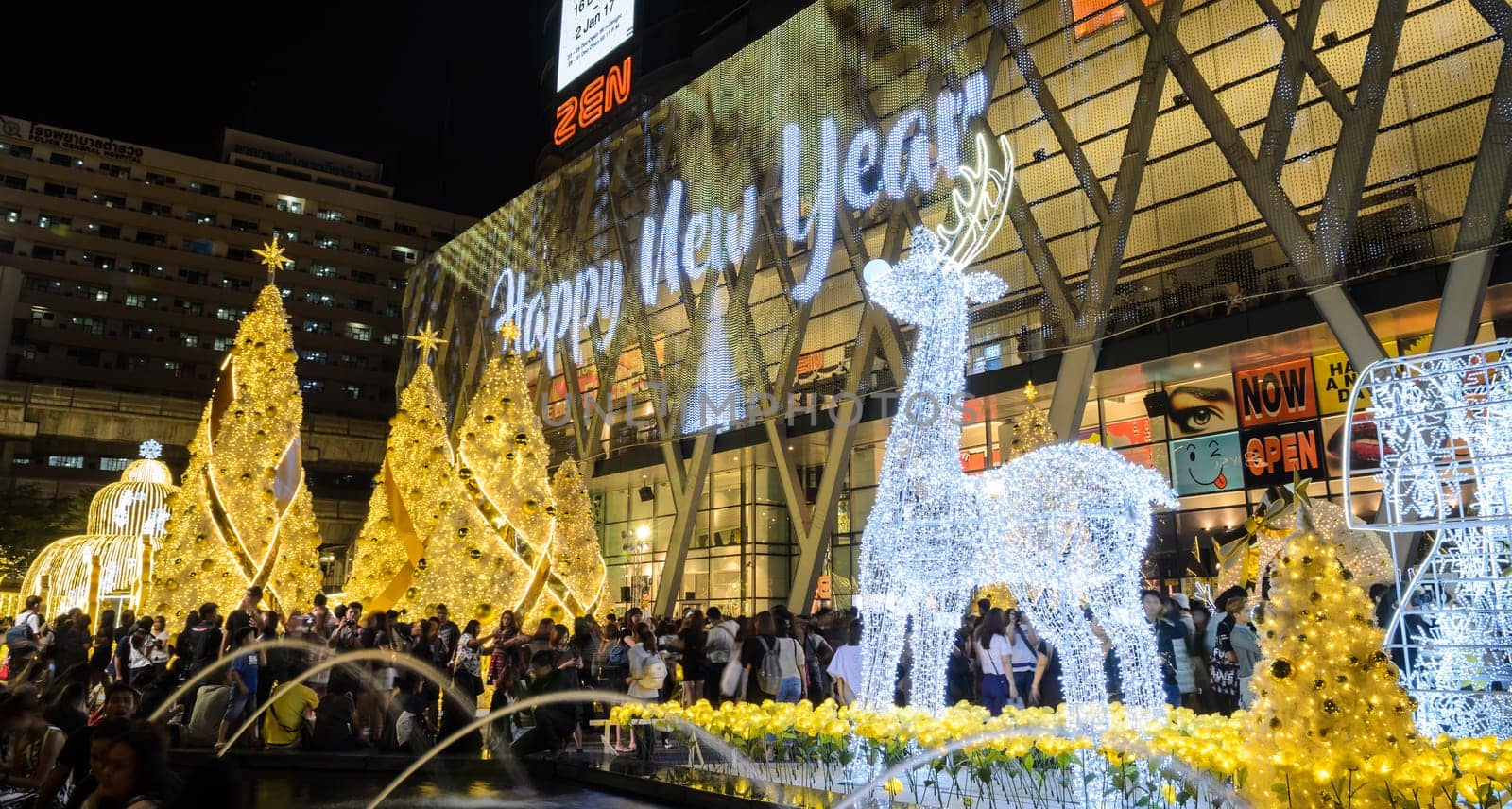 BANGKOK, THAILAND - DECEMBER 22, 2016 : Night illumination of Christmas and New Year celebration 2017 at Central World shopping mall, Ratchaprasong intersection in Bangkok, Thailand.