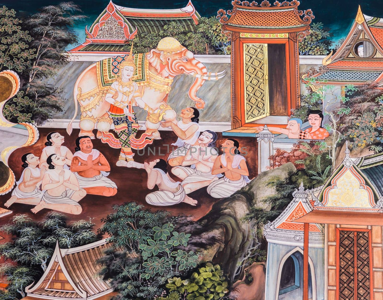 Buddhist temple mural painting (The life of Buddha) in Suphan Buri, Thailand
