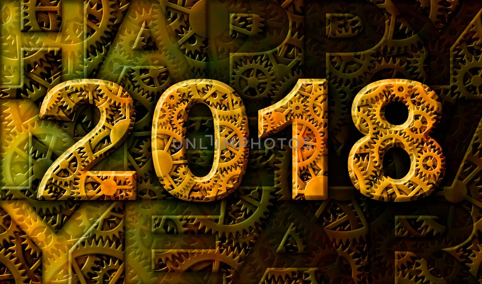 The year 2018 and the words Happy New Year illustrated with a pattern of interlocking gears. 3D Illustration