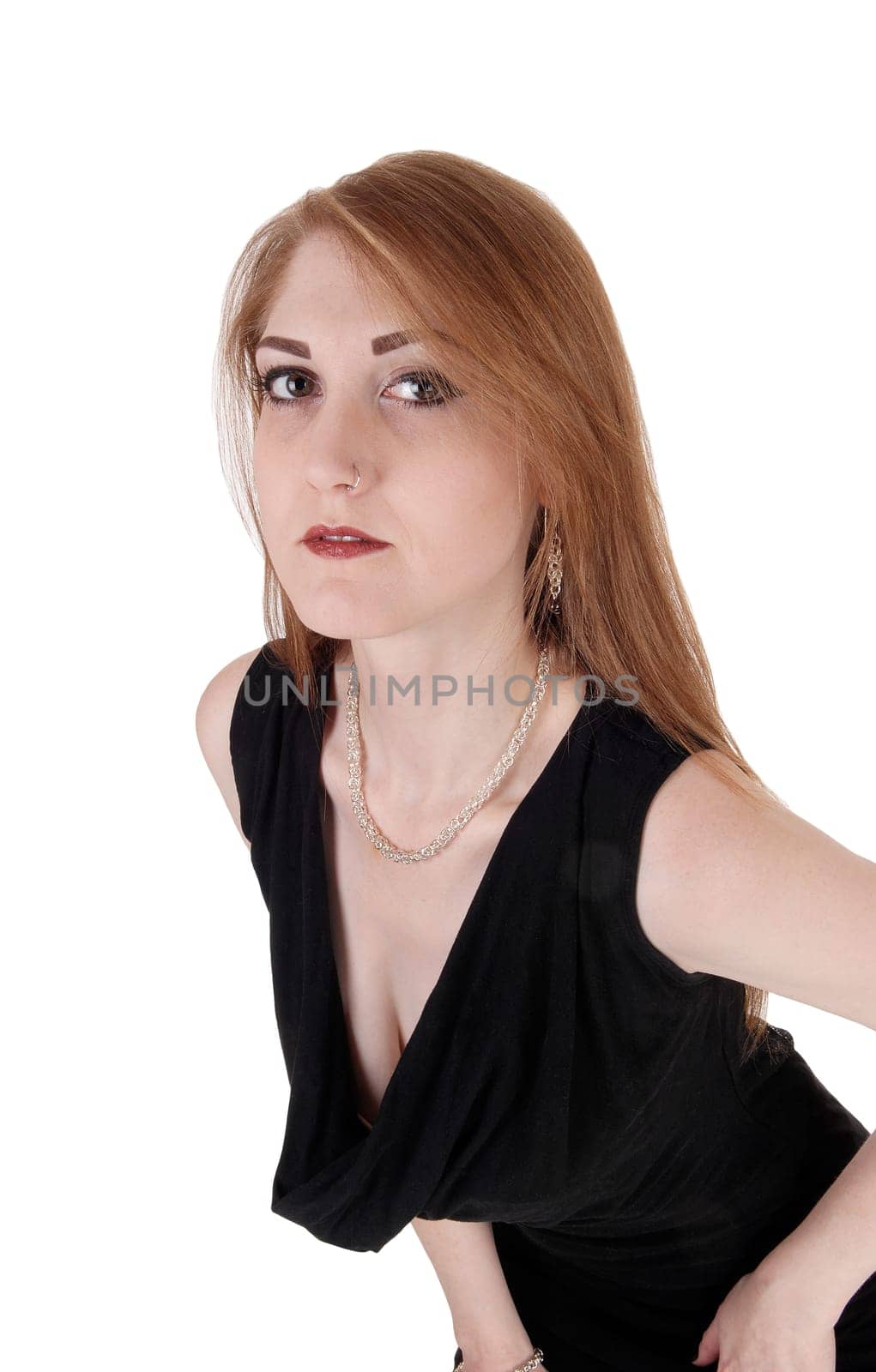 A close up portrait of a young pretty woman with long brunette hair.with a necklace , isolated for white background.