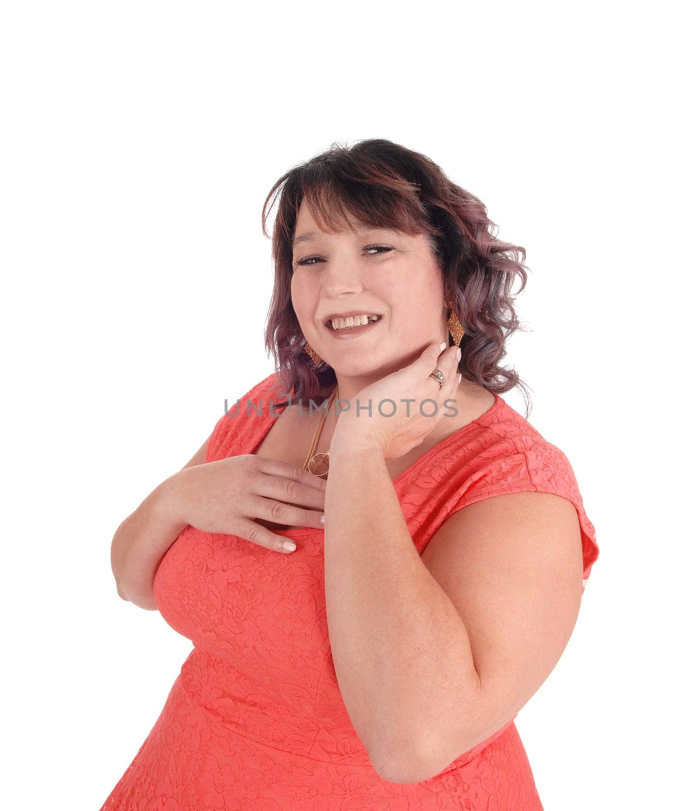 A close-up image of an plus size woman in a red dress with her hand .on her face, isolated for white background.
