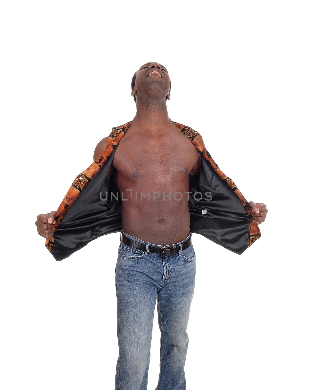 A handsome young African American man shouting with his head back.and his vest open, isolated for white background.