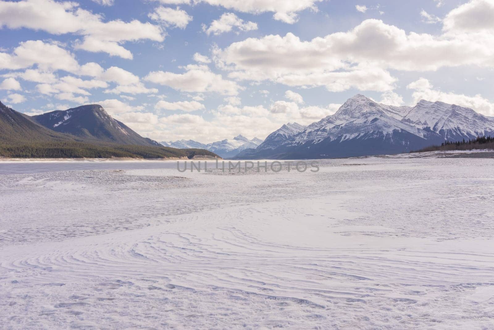 Snowy winter landscape of Abraham Lake, Alberta Canada.