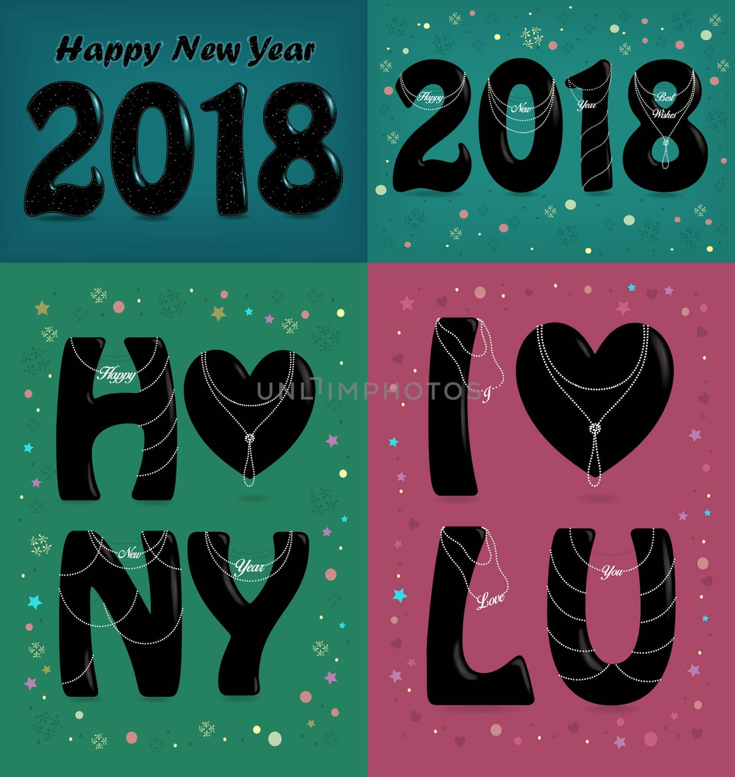 Happy New Year 2018. I love you. Four retro cards with black abbreviation by artistic font and pearl necklaces. White texts are as pendants. Illustration