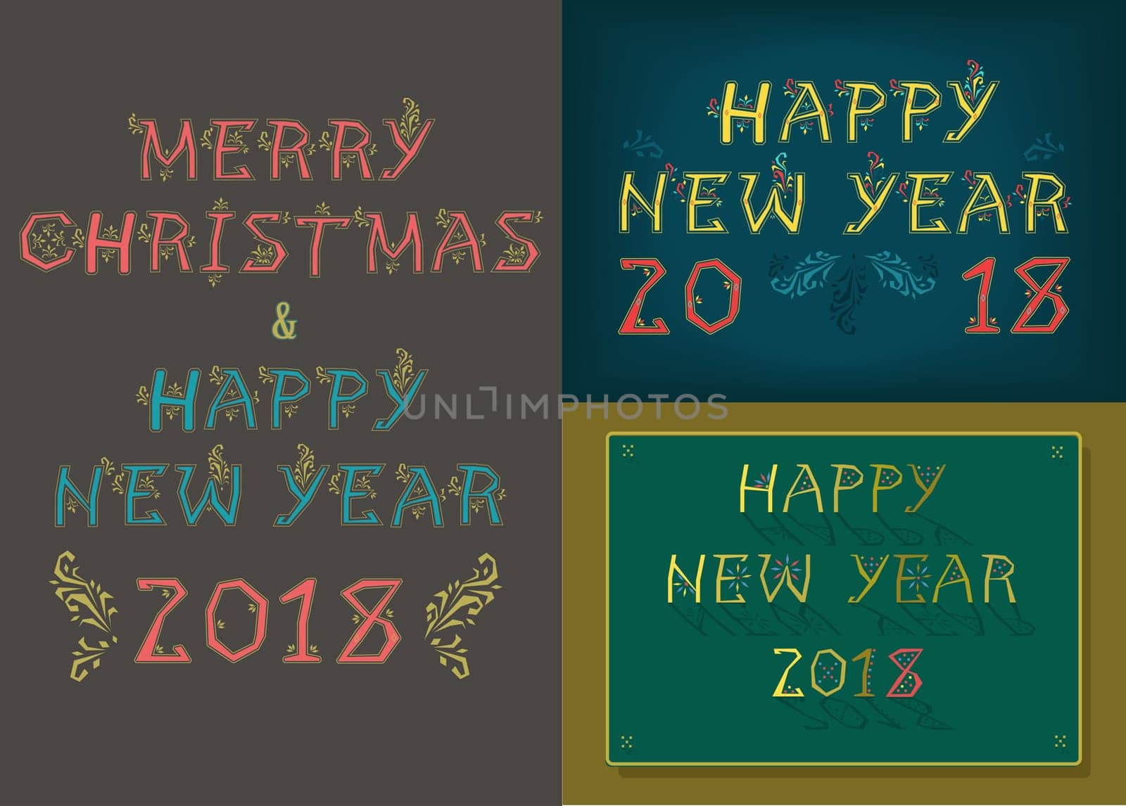 Happy New Year 2018. Merry Christmas. Three retro cards with inscriptions by artistic country font. Illustration