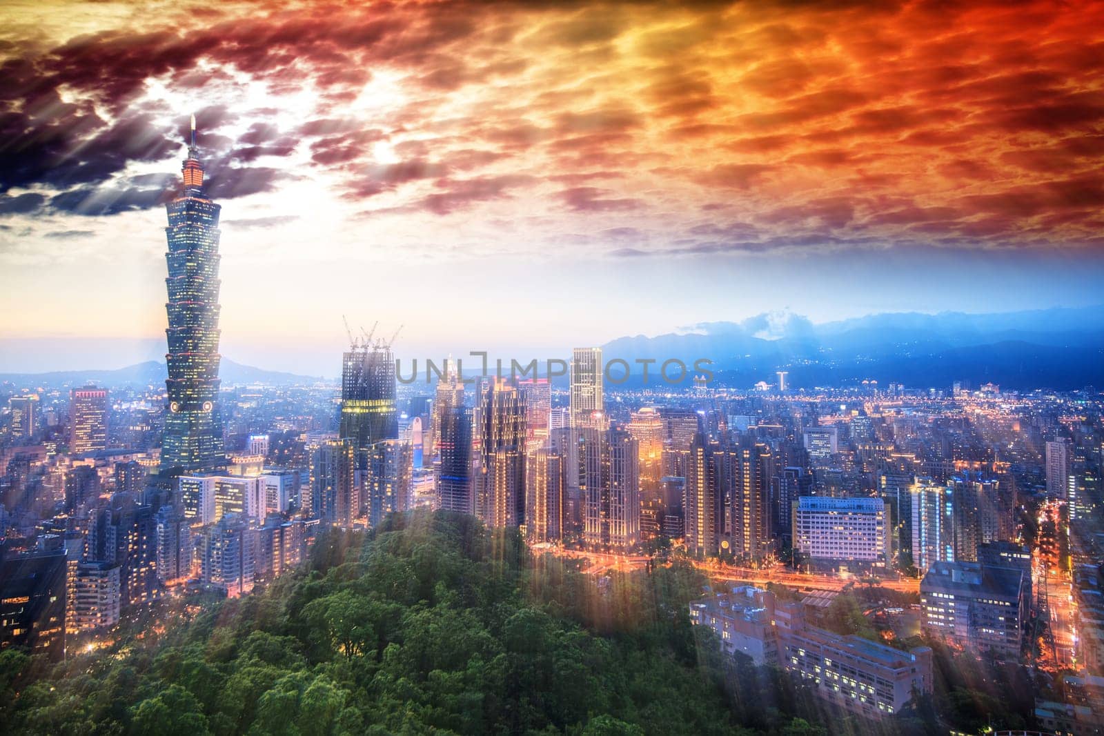 The taipei night view over the Xinyi District at twilight