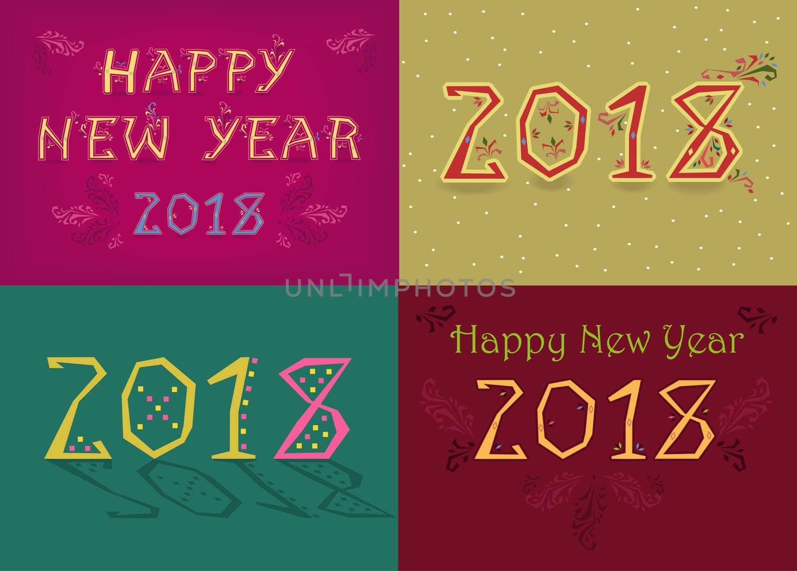 Happy New Year 2018. Four retro cards with inscriptions by artistic font. Country folk style. Illustration
