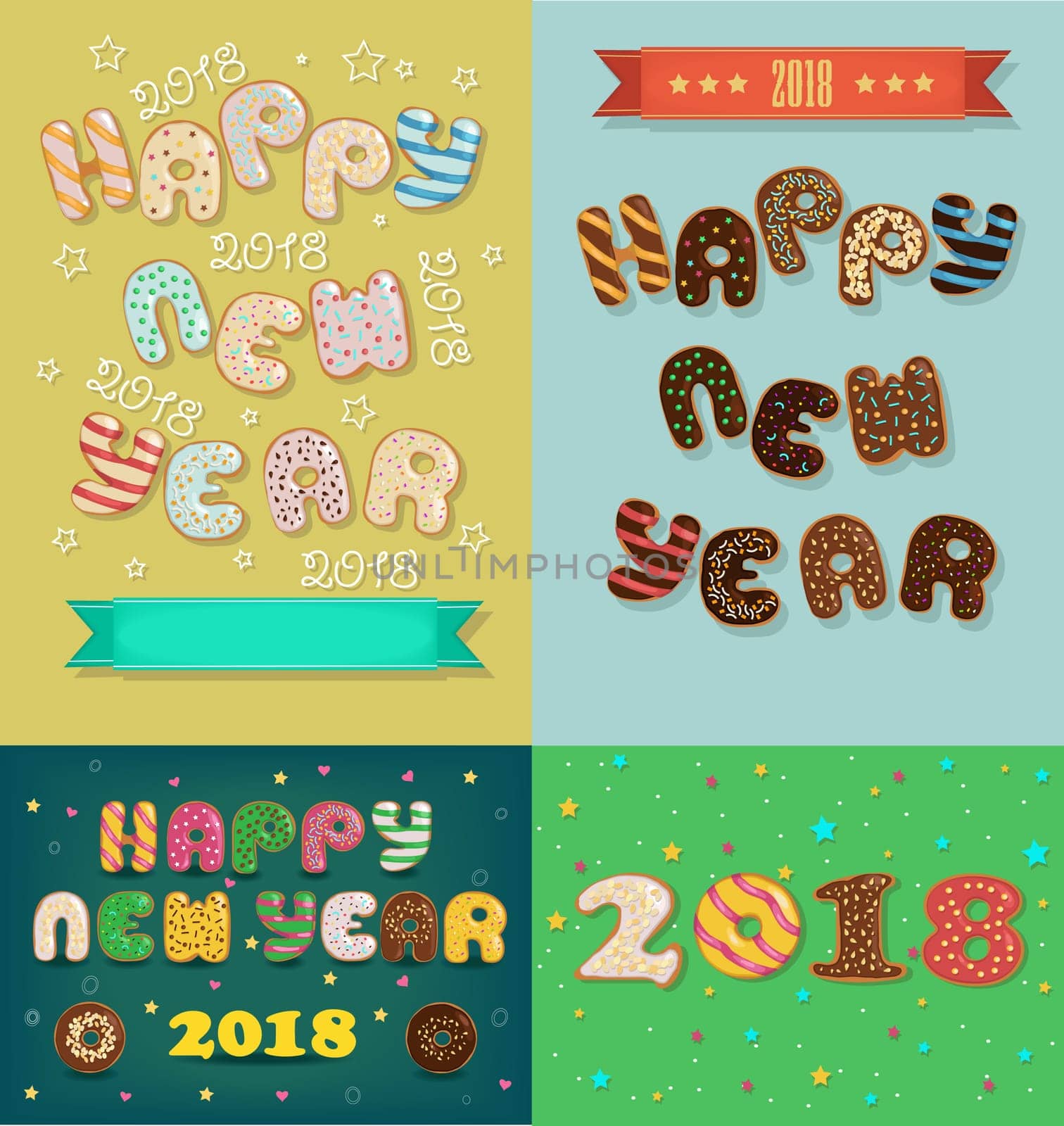 Happy New Year 2018. Four retro cards with inscriptions by artistic font. Sweet colorful donuts.  Illustration