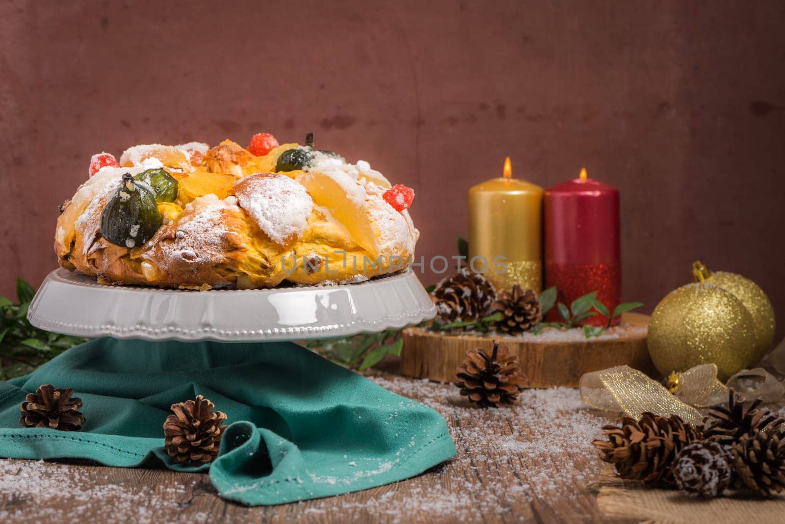Bolo do Rei or King's Cake, Made for Christmas, Carnavale or Mardi Gras with Present Wrapping in Background