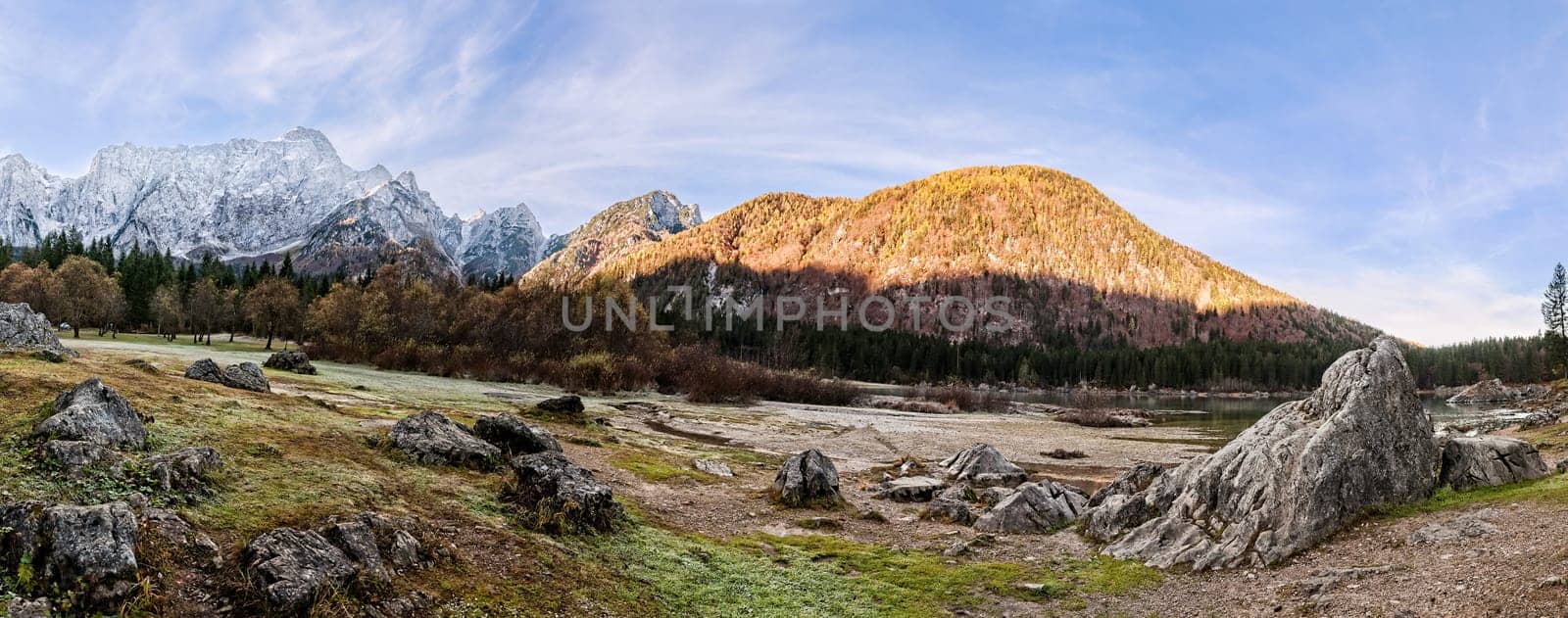 Mountains panorama.  Alpine landscape with lake. Lake of Fusine,Tarvisio,Italy.
