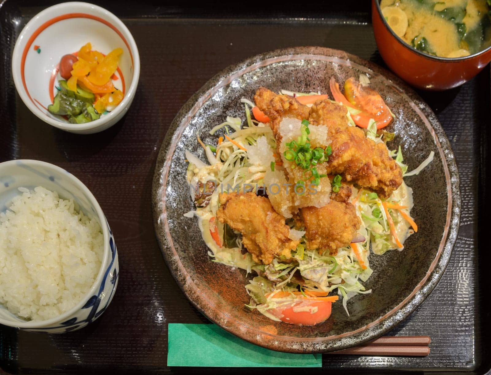 Chicken Karaage with rice and soup, japanese food