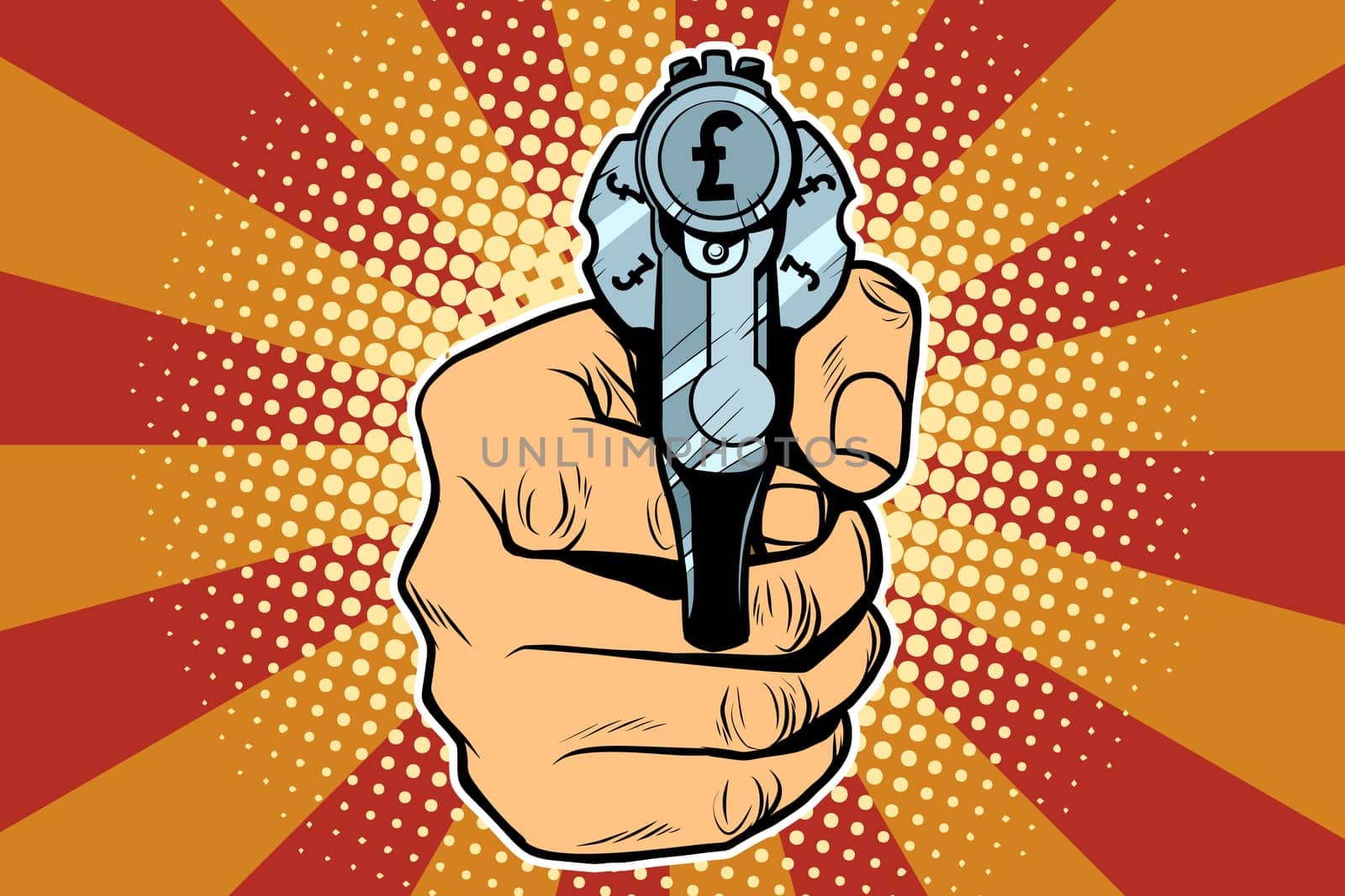 pound currency money Finance revolver in hand. Pop art retro vector illustration