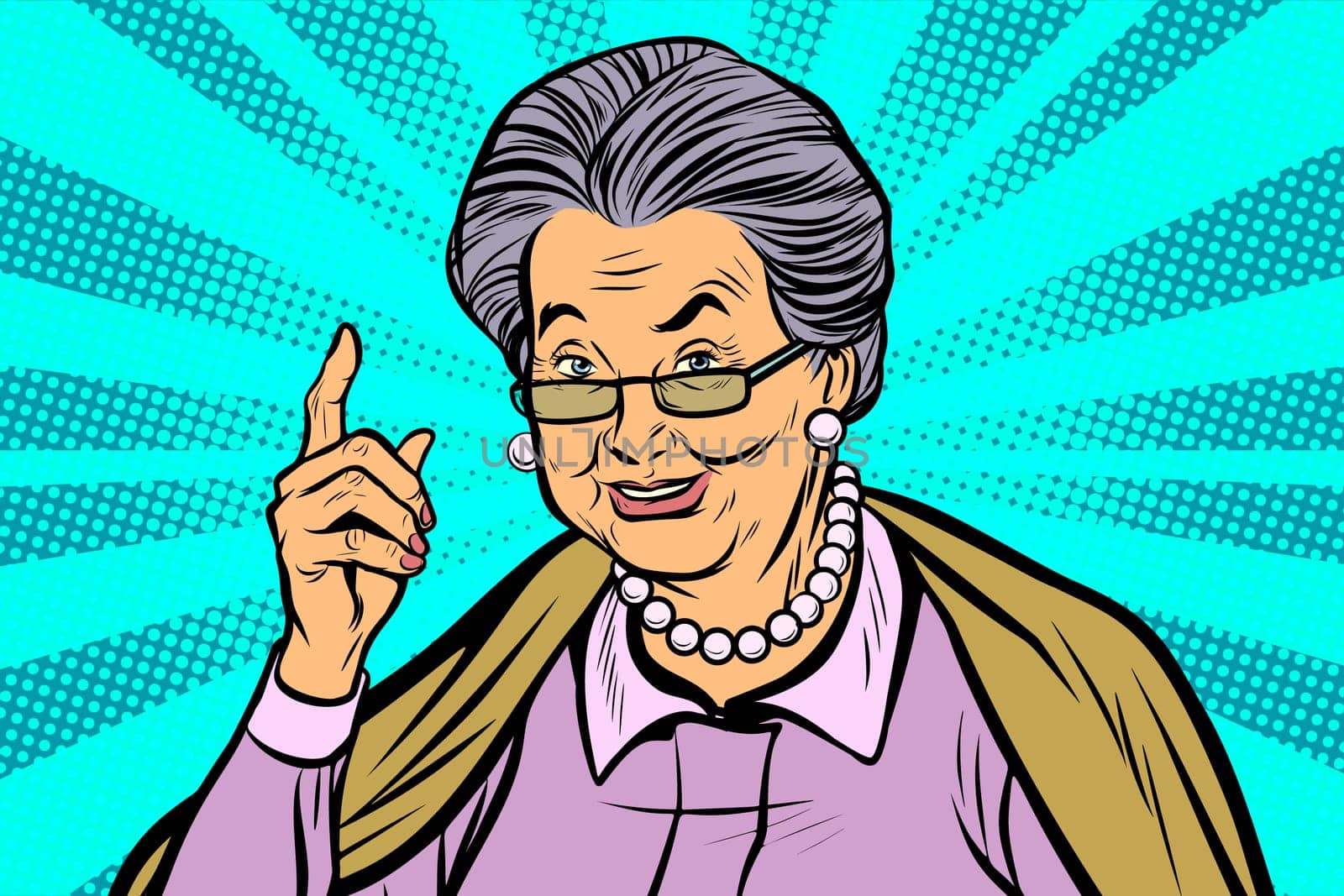 elderly woman pointing finger up. Pop art retro vector illustration