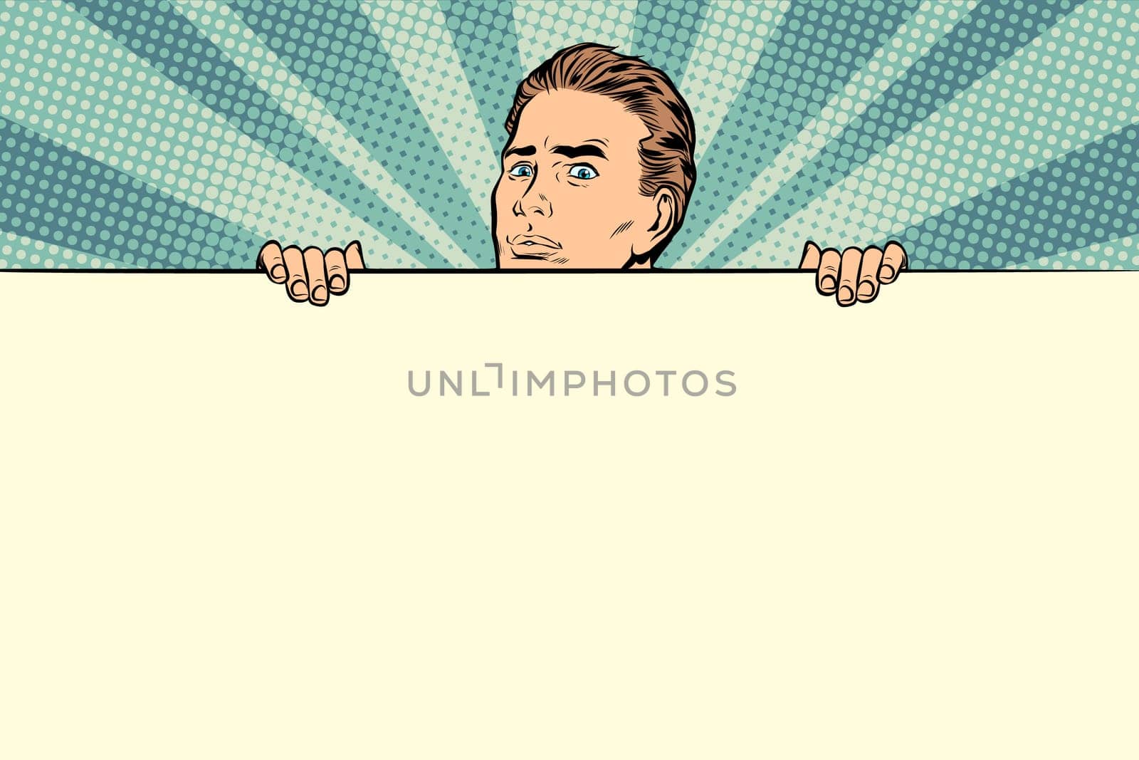 Pop art man with a banner. retro vector Illustrator