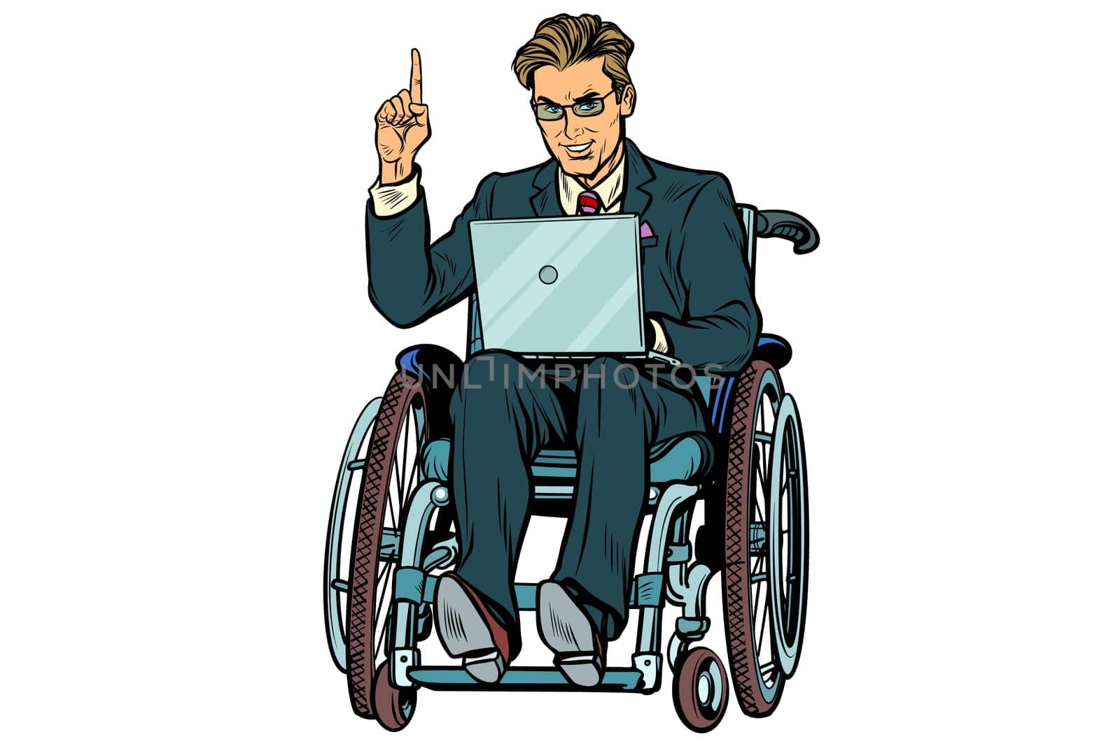 businessman in wheelchair isolated on white background. Pop art retro vector illustration