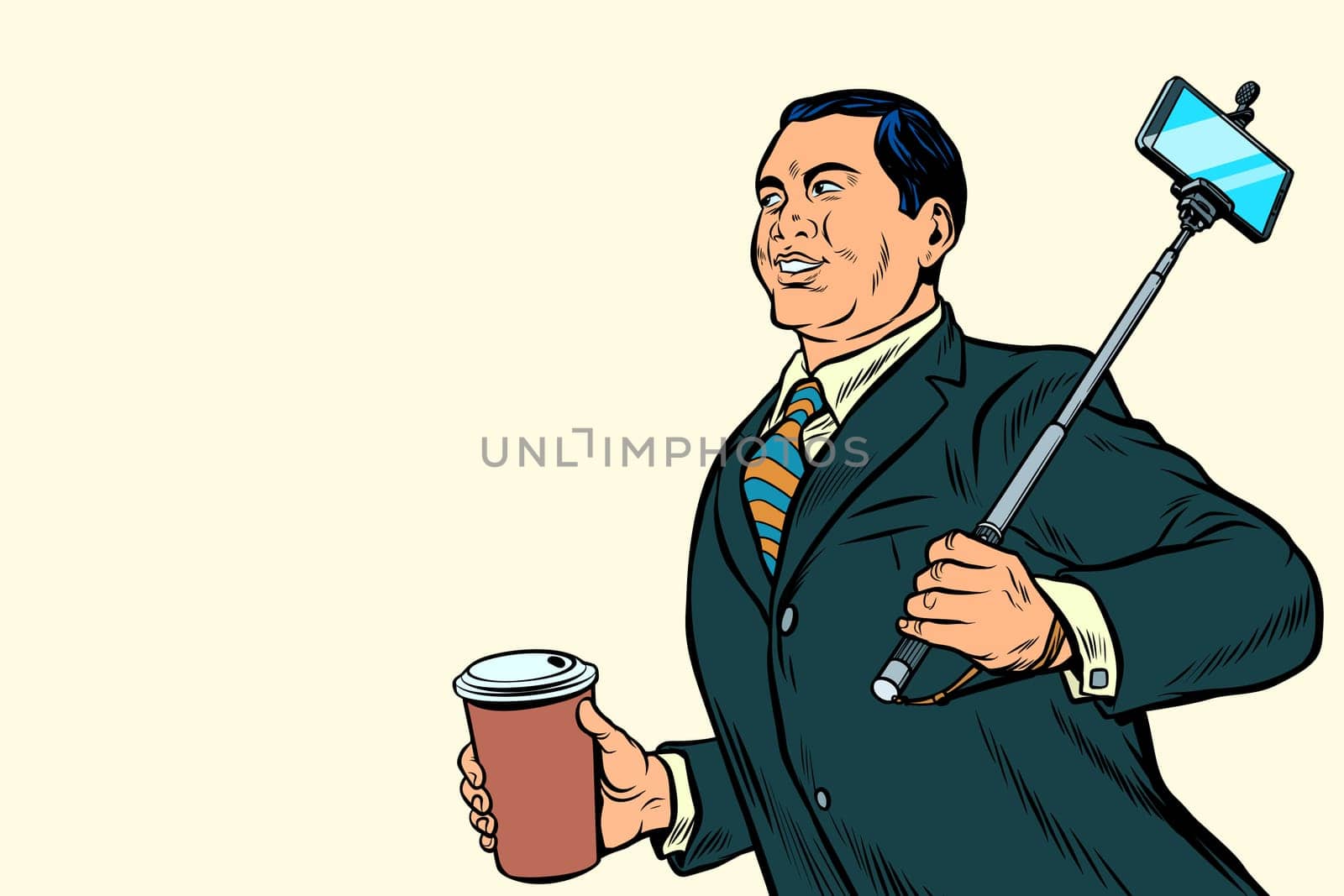 Asian businessman with a selfie stick and coffee. Pop art retro vector illustration