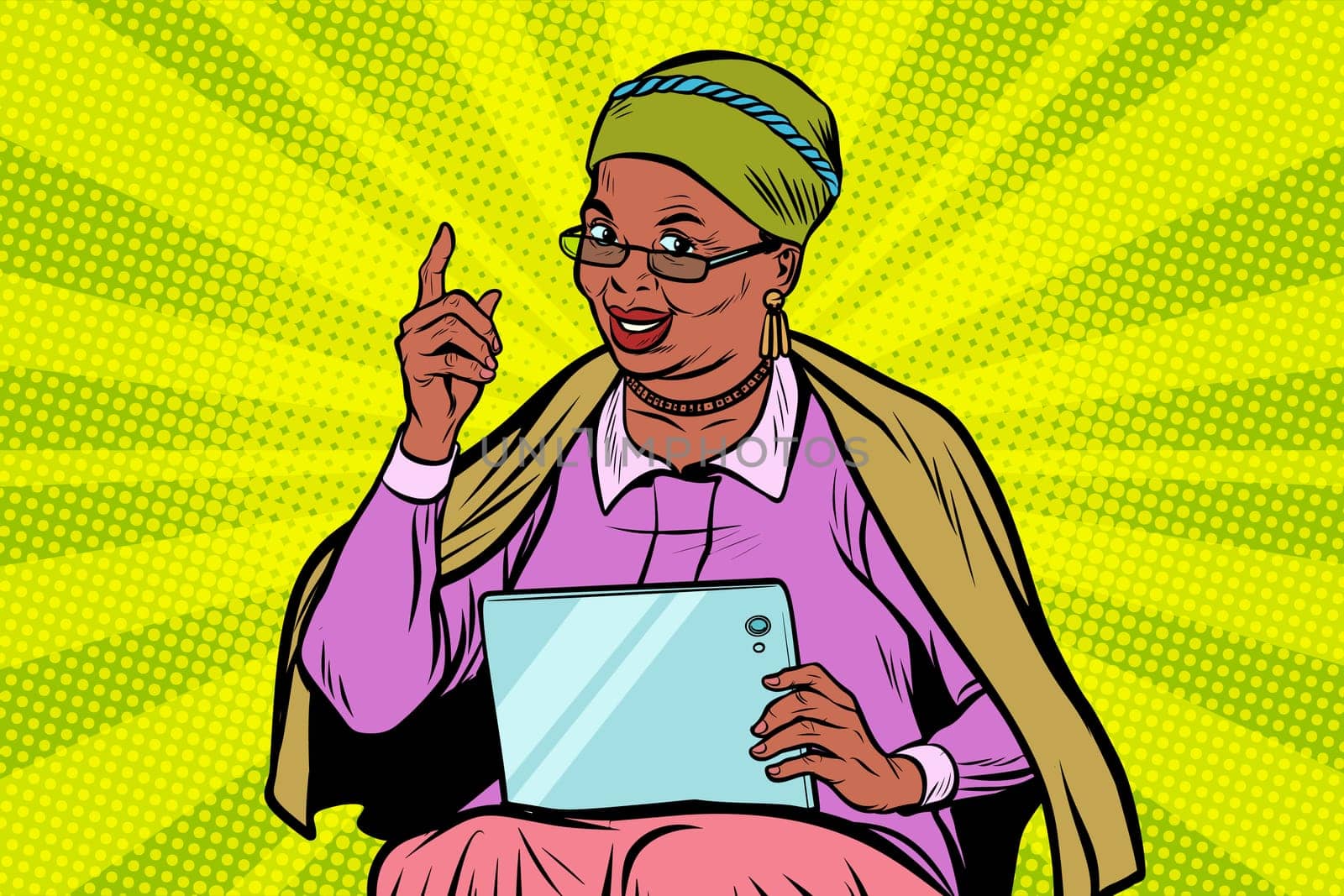 African elderly woman with a tablet. Pop art retro vector illustration