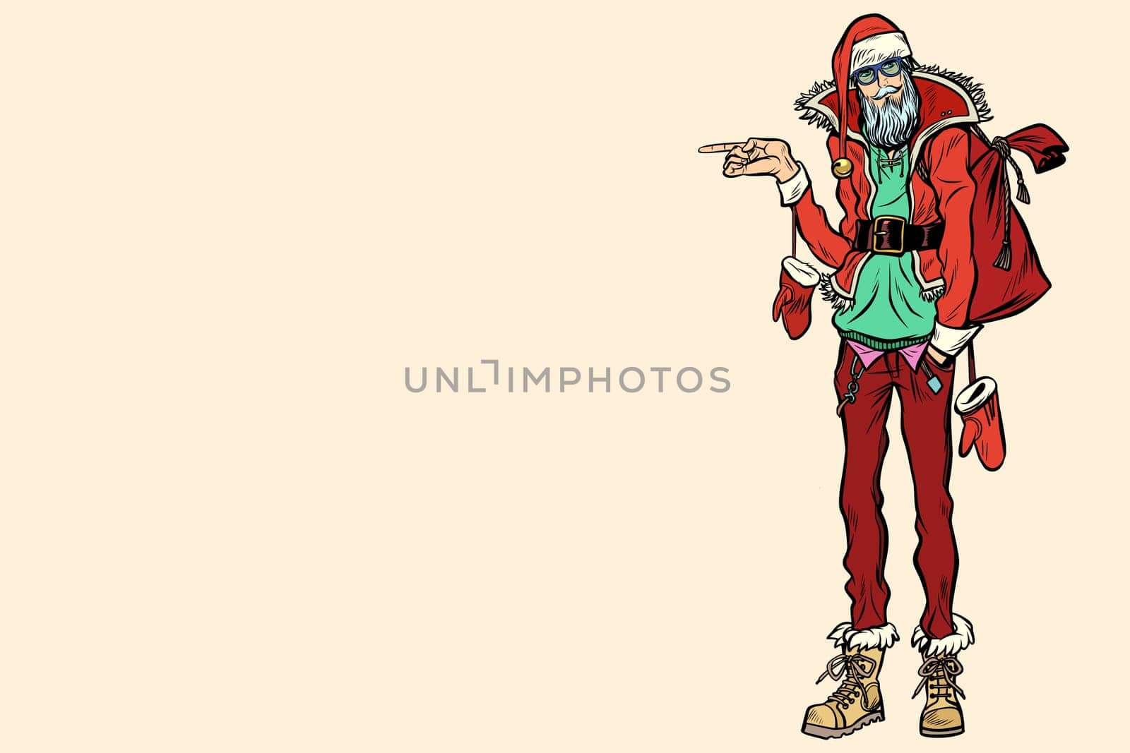 Hipster Santa Claus pointing sideways. Christmas holiday and New year. Pop art retro vector illustration. neutral background