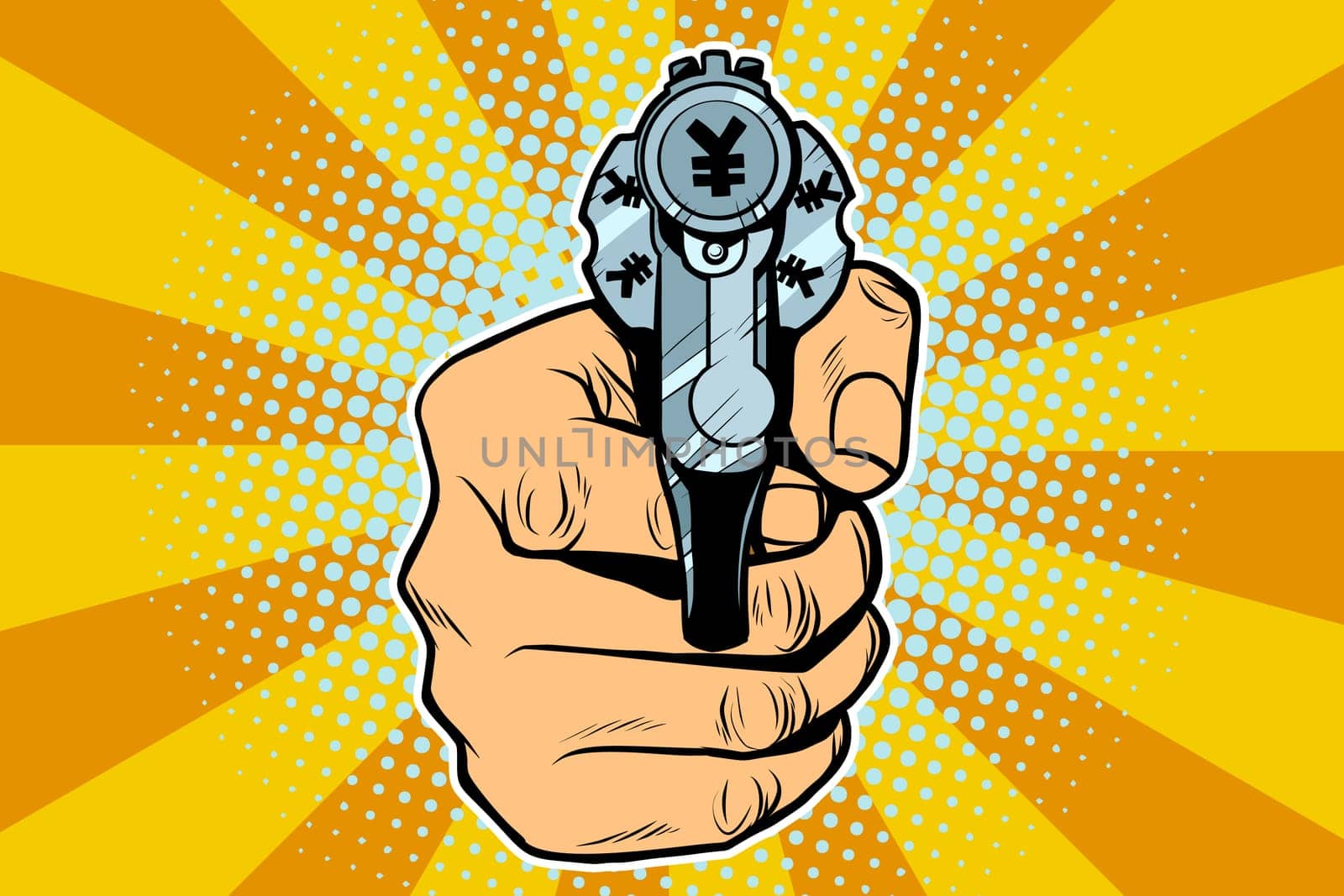 yen currency money Finance revolver in hand. Pop art retro vector illustration