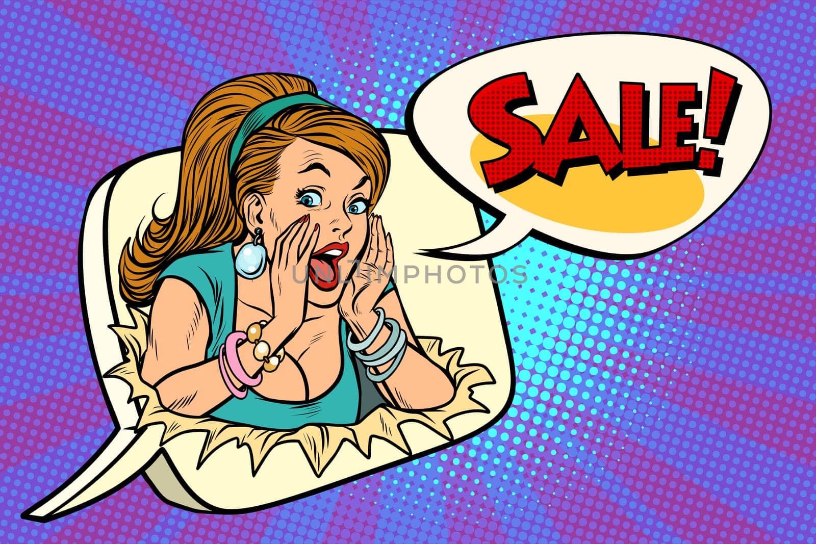 sales woman breakthrough paper background message. Pop art retro vector illustration