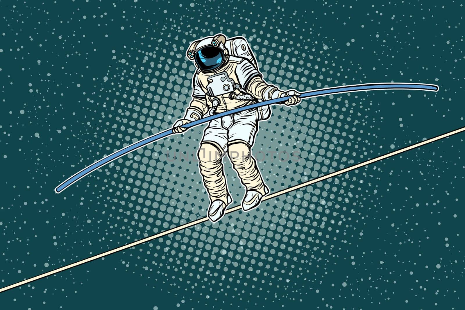 Astronaut tightrope Walker, the risks of a researcher of science. Pop art retro vector illustration.