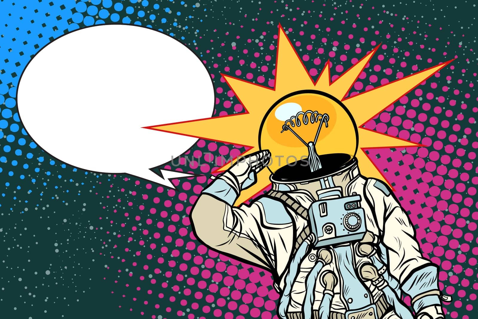 Executive astronaut head light bulb idea. Pop art retro vector illustration.