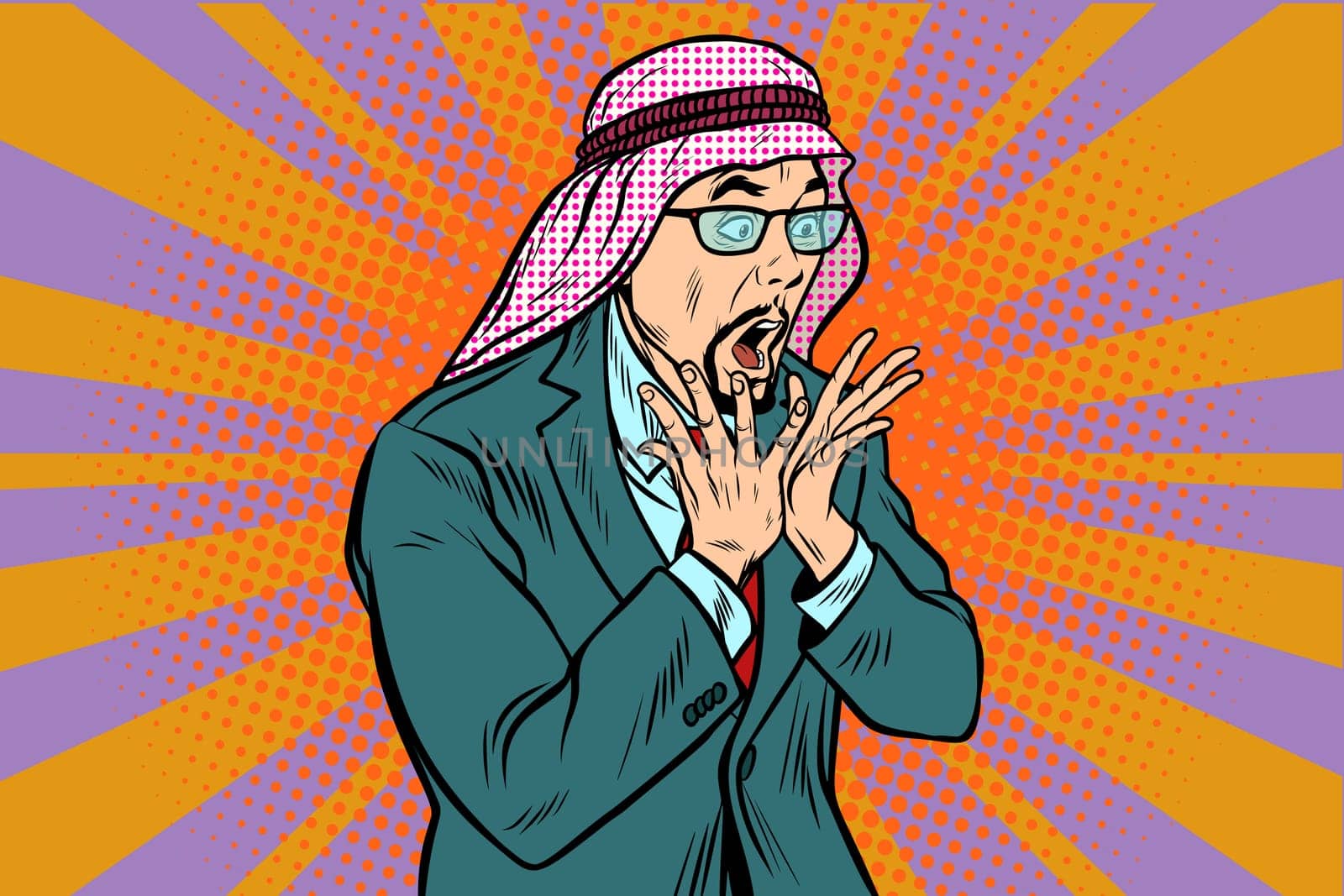 Arab businessman surprised, emotional reaction. Pop art retro vector illustration