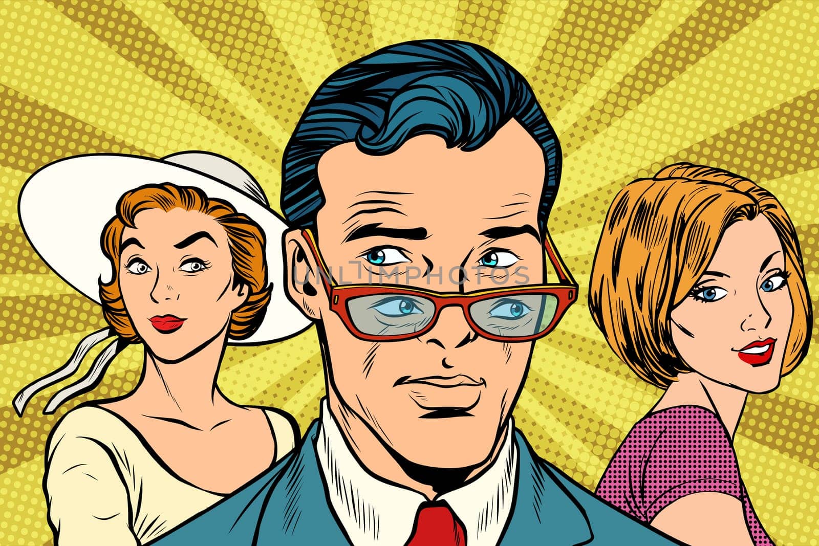 Handsome man looking at two women. Love and romance. Pop art retro vector illustration