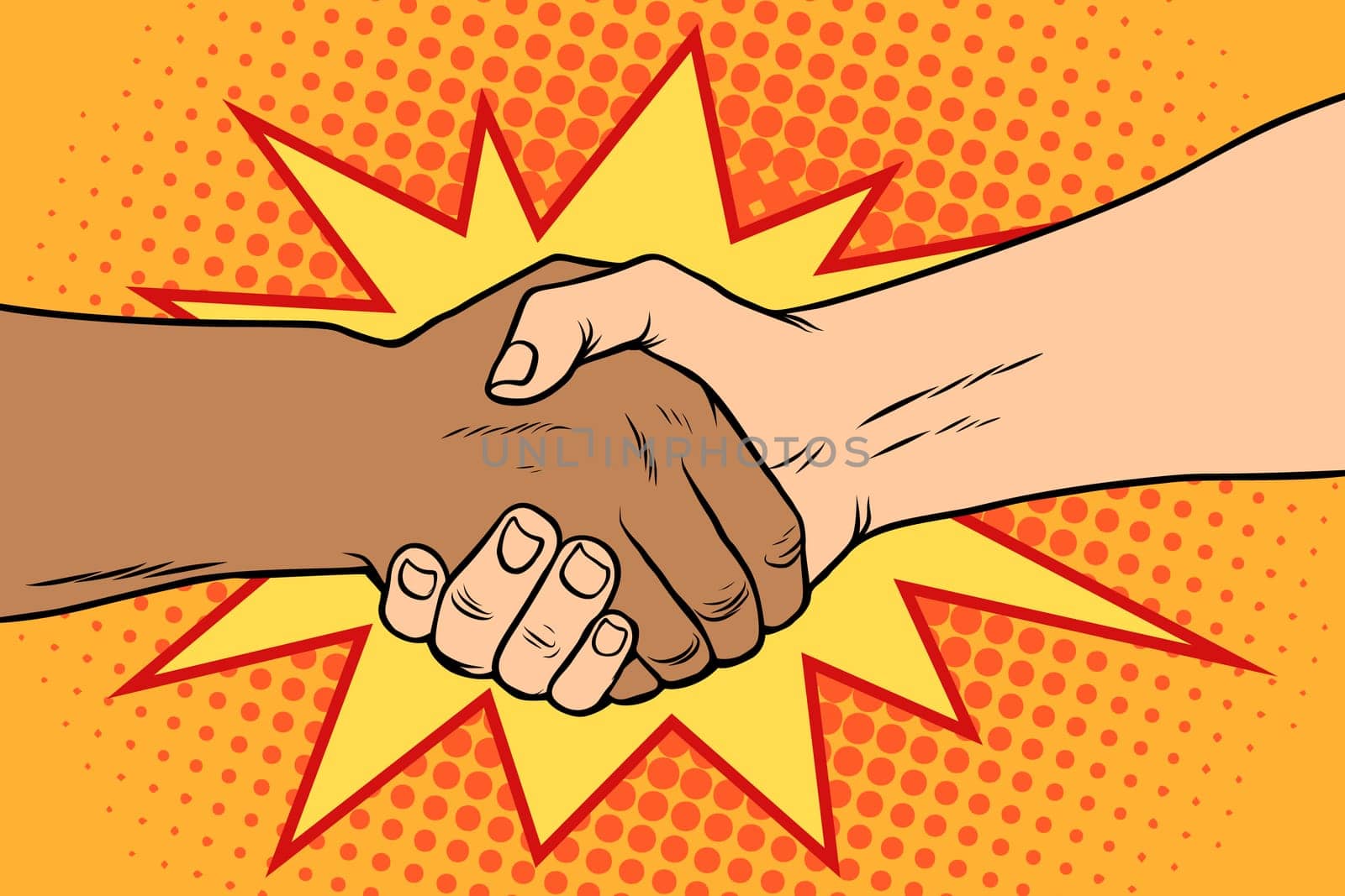 Handshake black and white, African and Caucasian people, friendship, tolerance. Pop art retro vector illustration.
