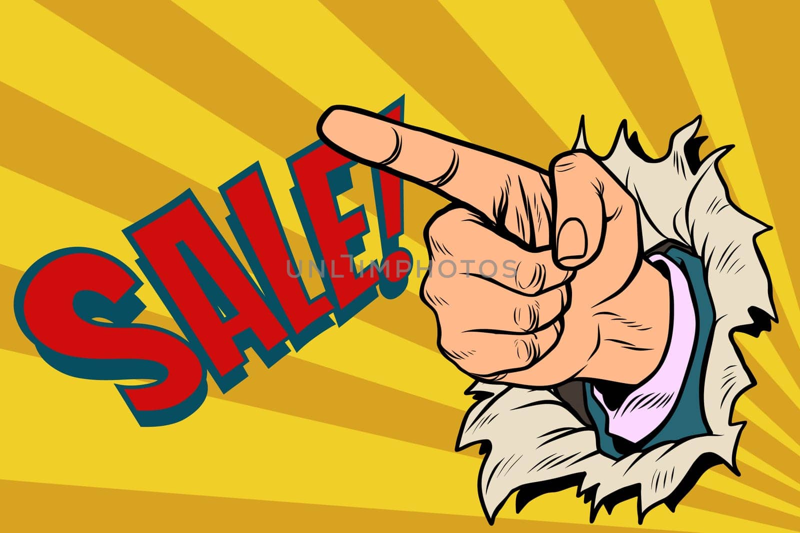 The index finger shows on sale. Pop art retro vector illustration