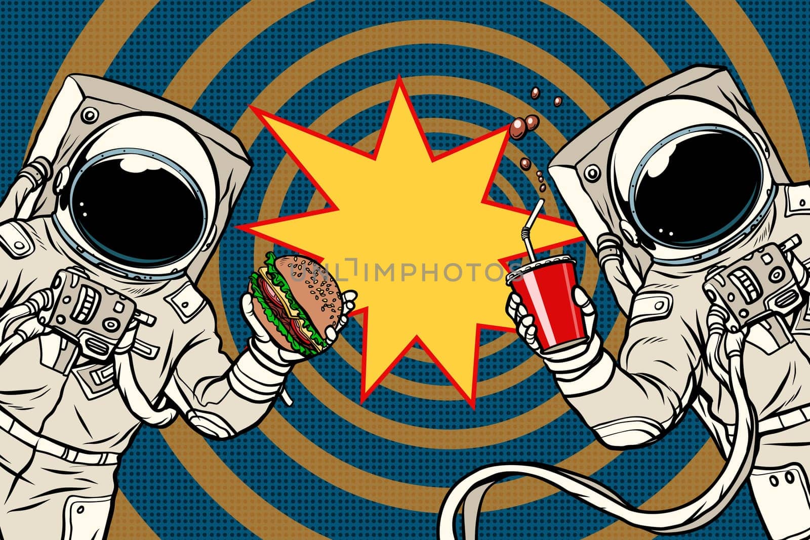 Two astronauts are eating lunch fast food. Pop art retro vector illustration