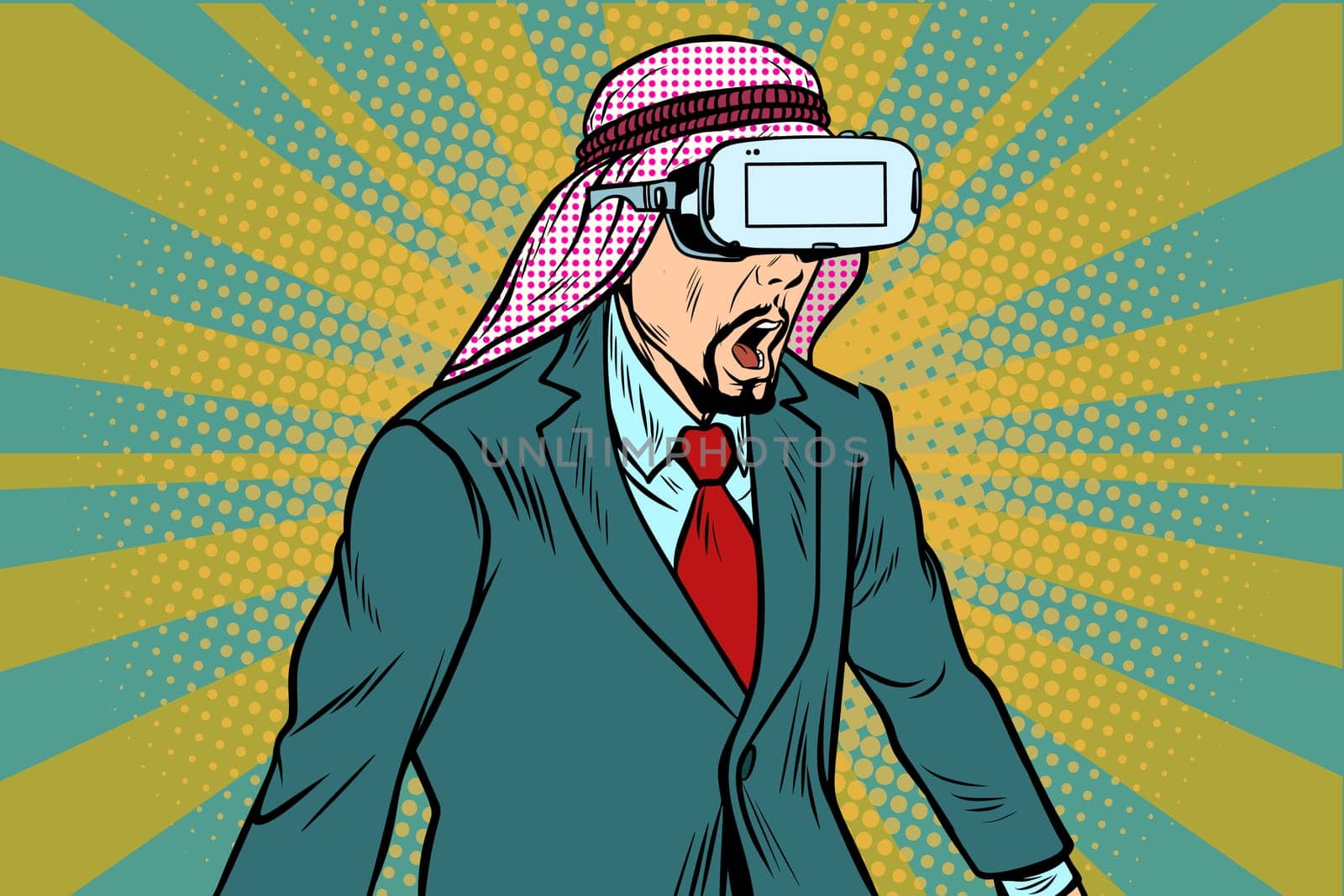 Surprised Arab businessman in VR glasses. Virtual reality and new technologies. Pop art retro vector illustration