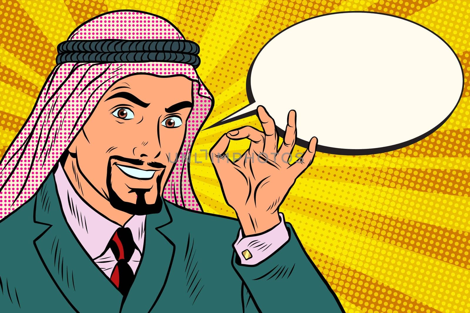 Arab businessman OK gesture, comic book bubble. Pop art retro vector illustration