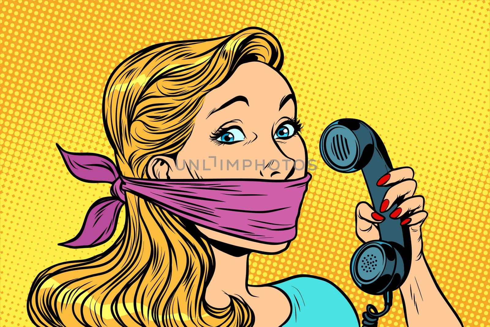 woman with bandage on mouth and phone. Pop art retro vector illustration
