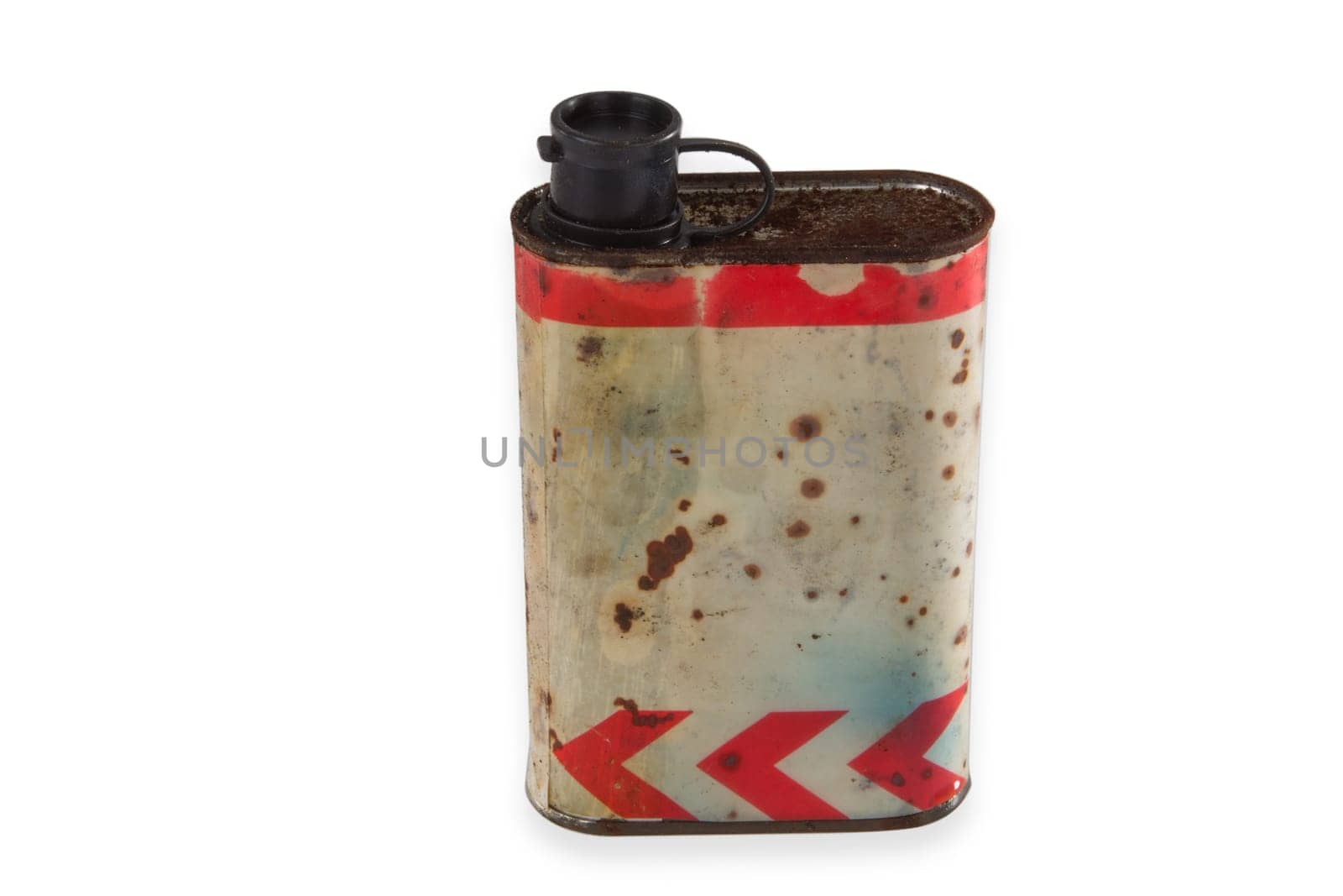 Old tin can exposed on white background