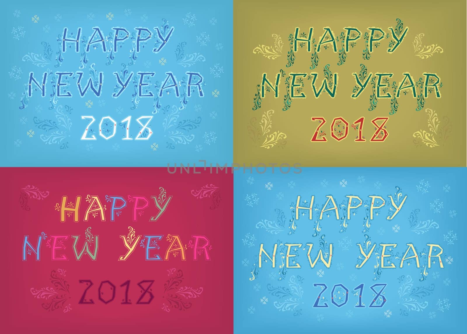 Happy New Year 2018. Four retro cards with inscriptions by artistic country font.  Illustration